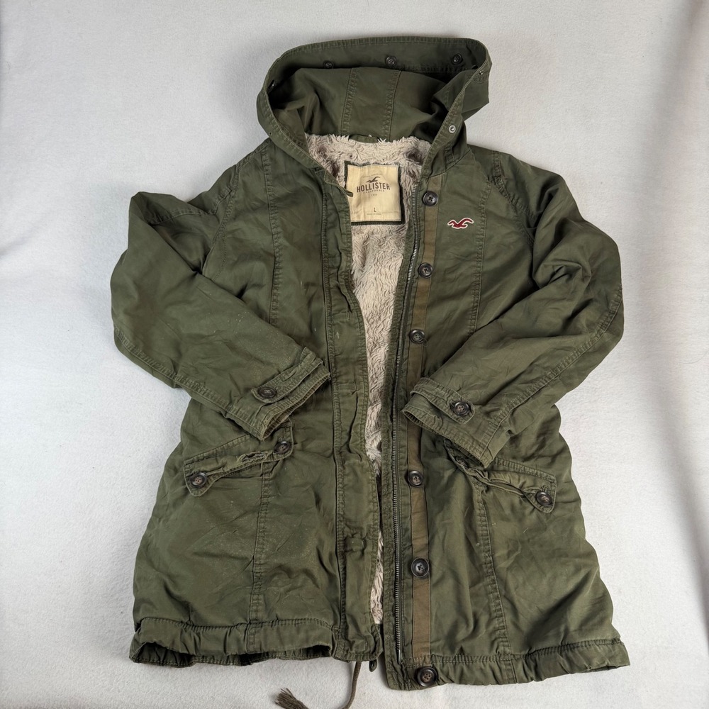 Hollister Womens Olive Green Sherpa Lined Hooded Utility Parka Jacket Large